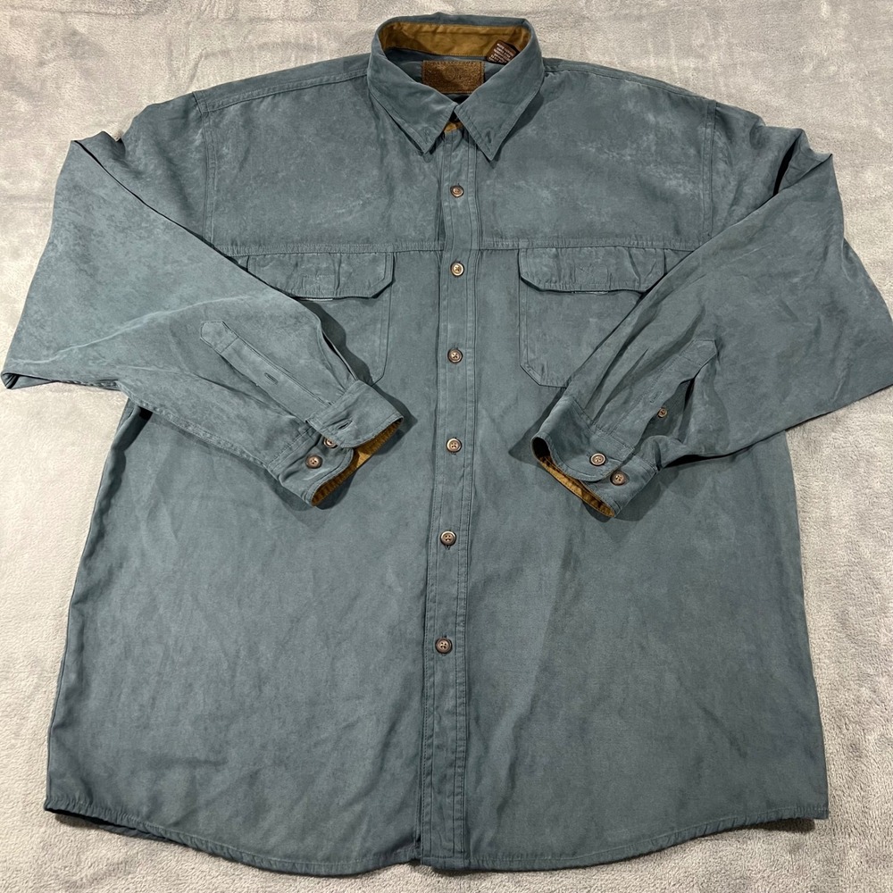 Reel Legends Mens XL Faux Suede Long Sleeve Button Down Shirt Blue Gray Outdoor - Picture 2 of 10